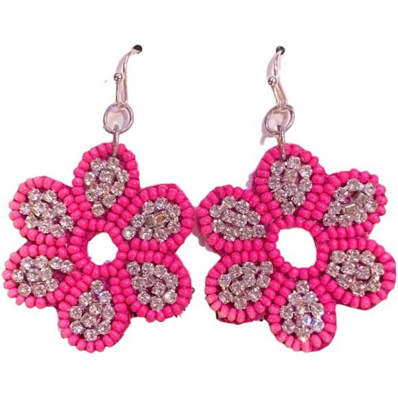NEW PREP OBSESSED women's glitzy flower beaded earrings in pink - Picture 2 of 2